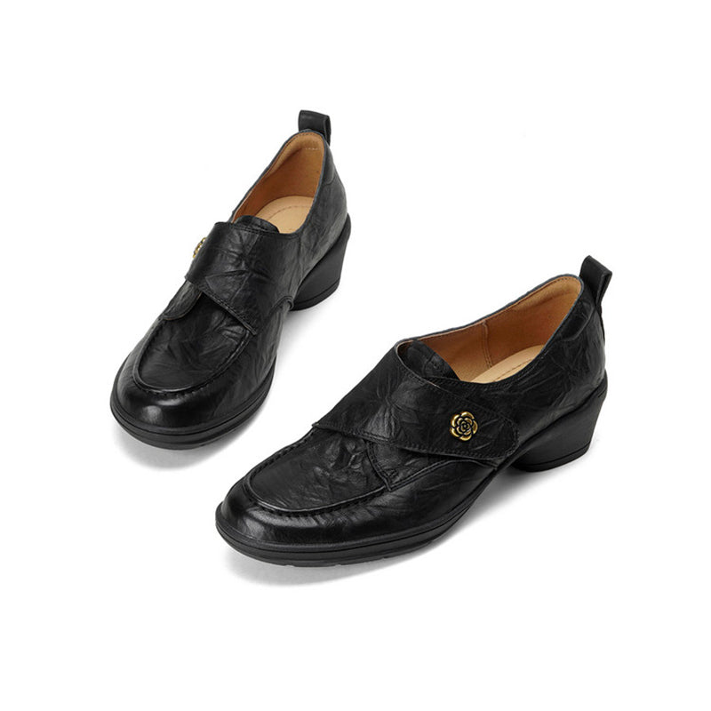 Vintage Water-Dyed and-textured Sheepskin Pumps Velcro Block Heel Comfort Shoes in Gray/Black