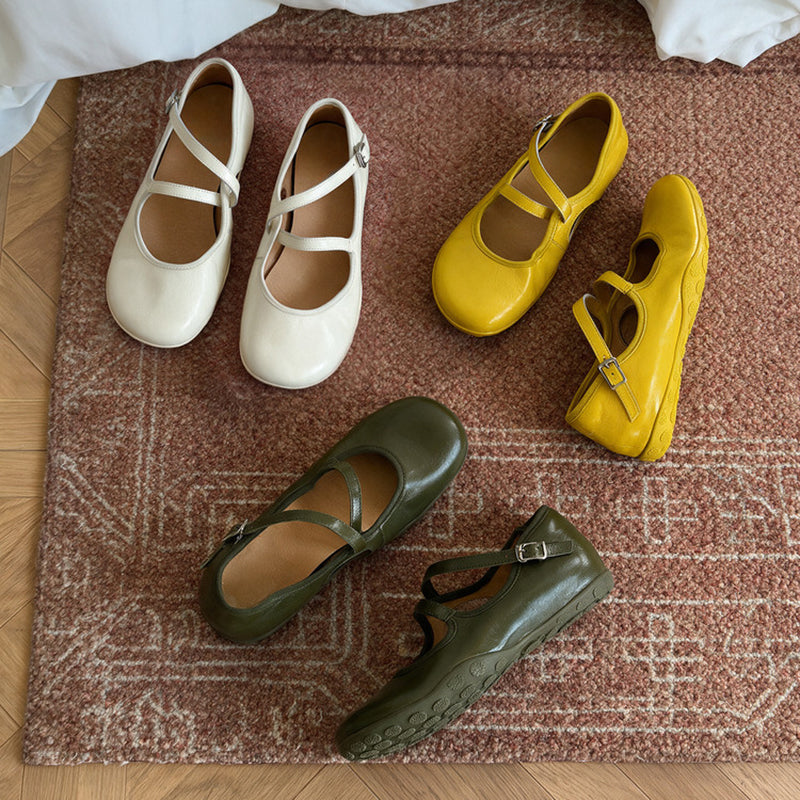 Cut Out Cowhide Crisscross Strap Mary Jane Flats with Hidden Wedge in Yellow/White/Green