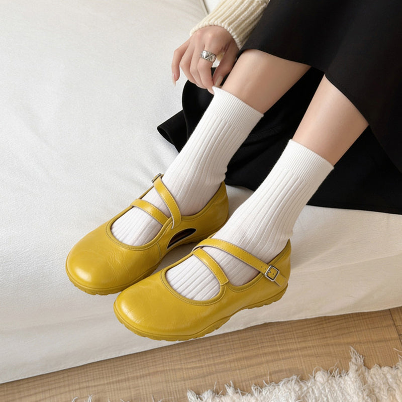 Cut Out Cowhide Crisscross Strap Mary Jane Flats with Hidden Wedge in Yellow/White/Green