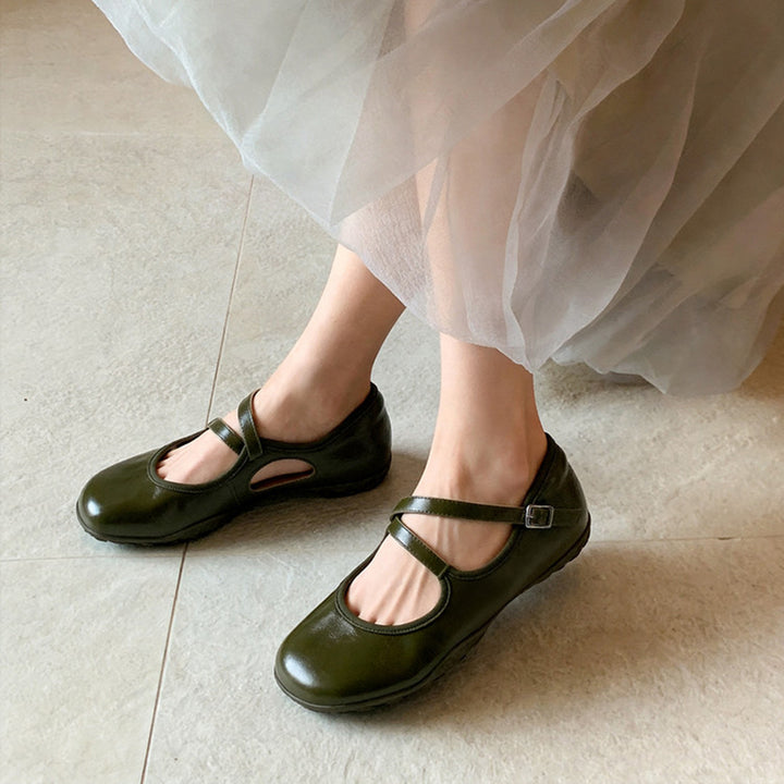 Cut Out Cowhide Crisscross Strap Mary Jane Flats with Hidden Wedge in Yellow/White/Green