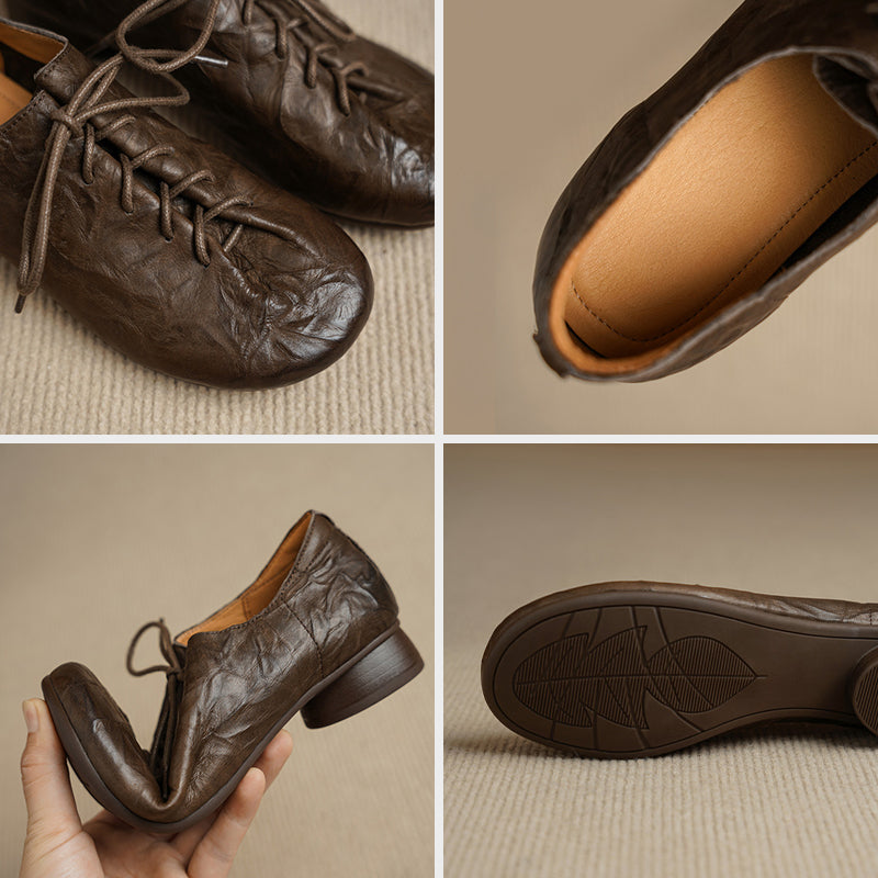 Retro Hand-textured Cow Leather Lace Up Oxford Shoes Dress Shoes in Brown/Red