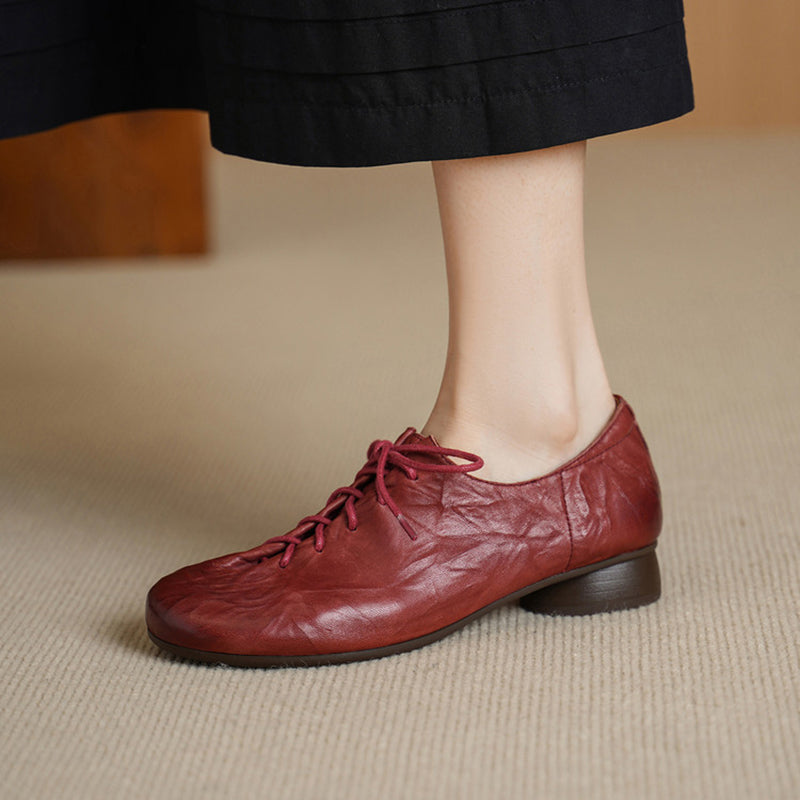 Retro Hand-textured Cow Leather Lace Up Oxford Shoes Dress Shoes in Brown/Red