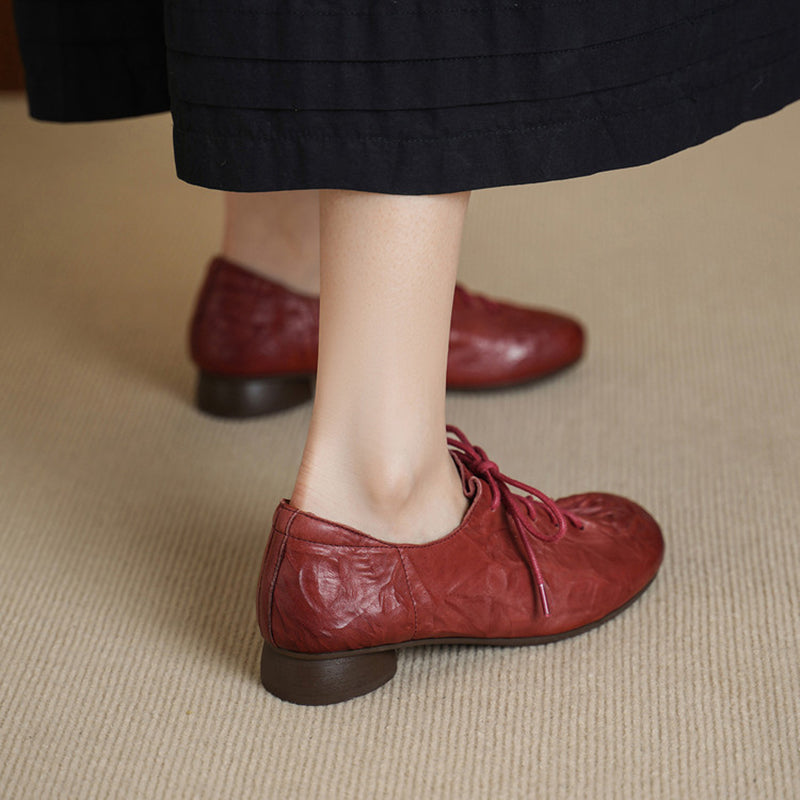 Retro Hand-textured Cow Leather Lace Up Oxford Shoes Dress Shoes in Brown/Red