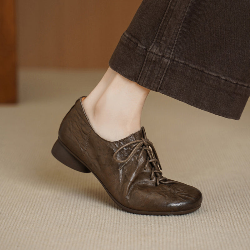 Retro Hand-textured Cow Leather Lace Up Oxford Shoes Dress Shoes in Brown/Red