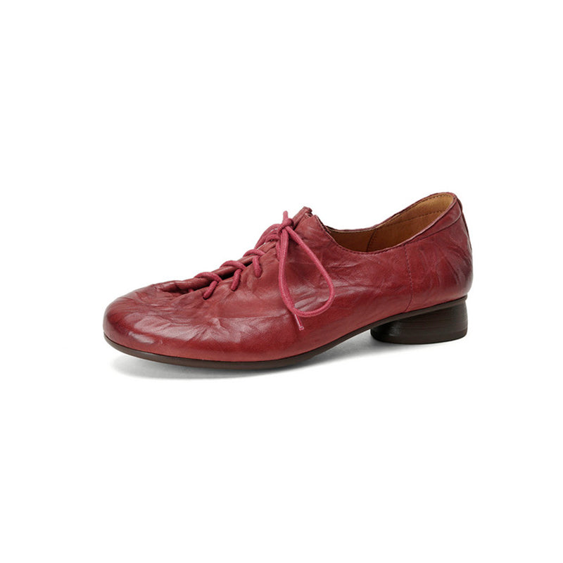 Retro Hand-textured Cow Leather Lace Up Oxford Shoes Dress Shoes in Brown/Red