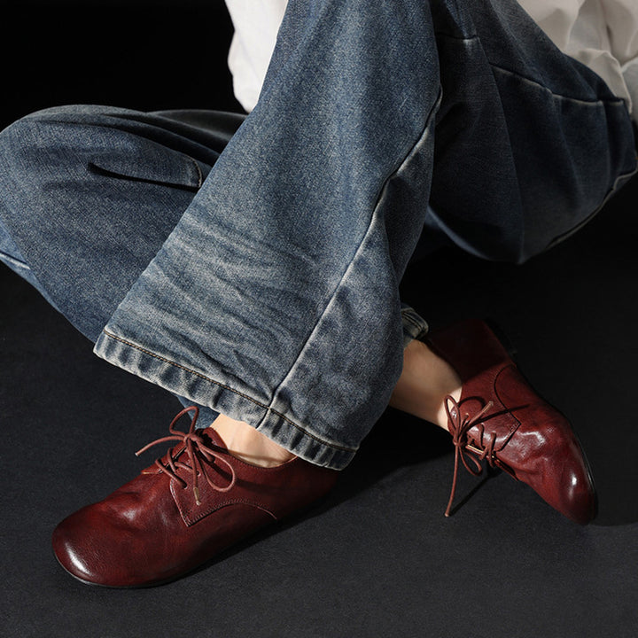 Big Toe Soft Leather Lace Up Derby Flats Wide Fit Oxford Shoes for Commuting in Black/Brown