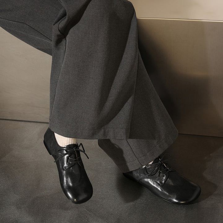 Big Toe Soft Leather Lace Up Derby Flats Wide Fit Oxford Shoes for Commuting in Black/Brown