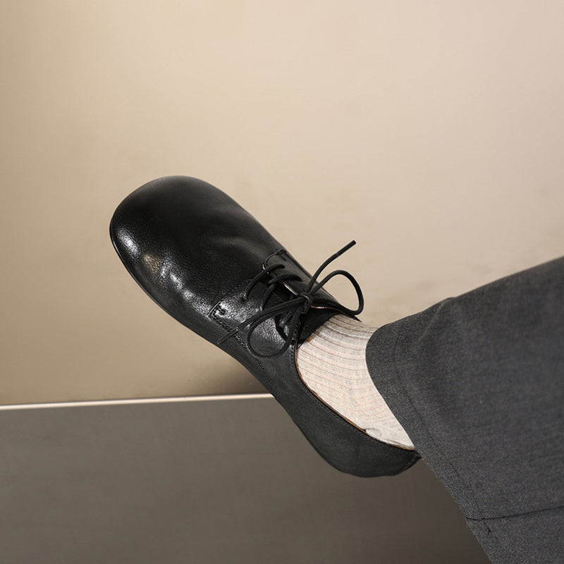 Big Toe Soft Leather Lace Up Derby Flats Wide Fit Oxford Shoes for Commuting in Black/Brown