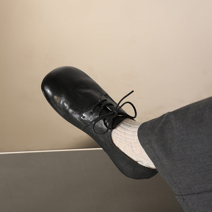 Big Toe Soft Leather Lace Up Derby Flats Wide Fit Oxford Shoes for Commuting in Black/Brown