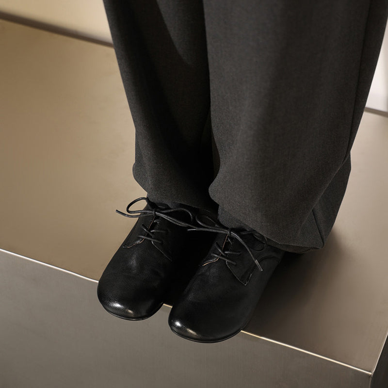 Big Toe Soft Leather Lace Up Derby Flats Wide Fit Oxford Shoes for Commuting in Black/Brown