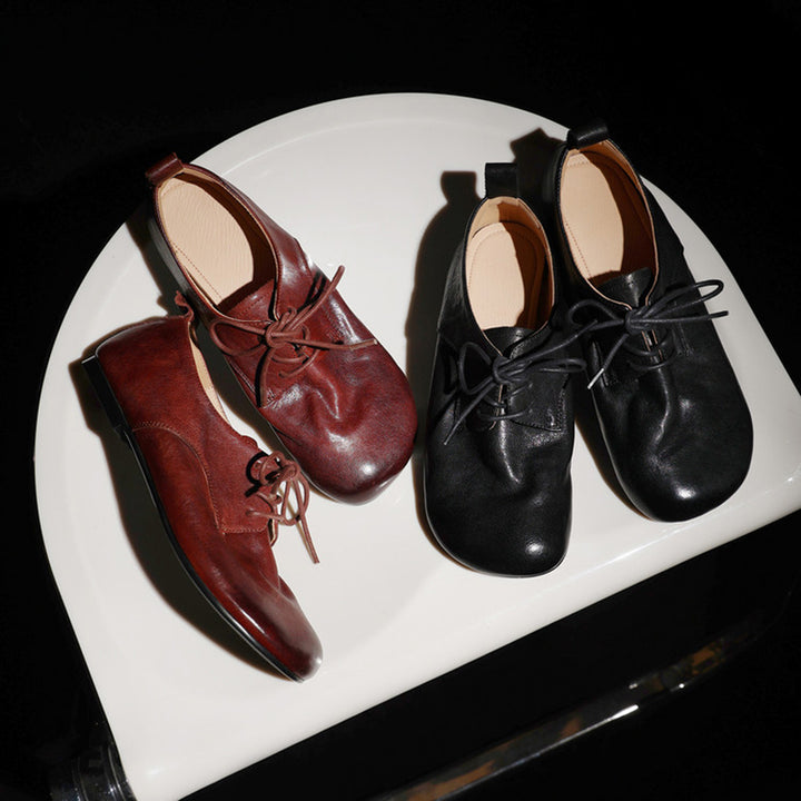 Big Toe Soft Leather Lace Up Derby Flats Wide Fit Oxford Shoes for Commuting in Black/Brown