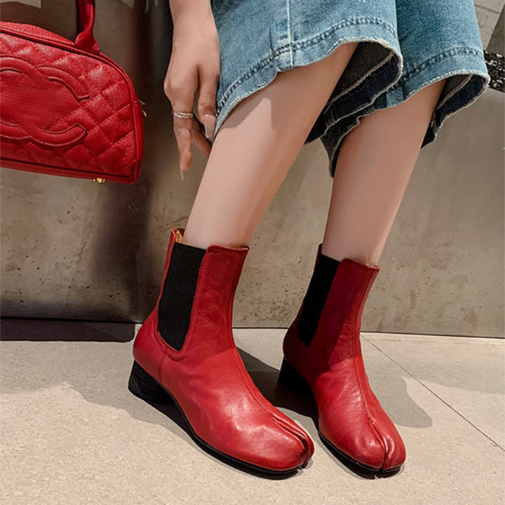 Tabi Split Toe Chelsea Ankle Boots Cowhide Cylinder Heel Elastic Side Short Boots in Black/Brown/Red