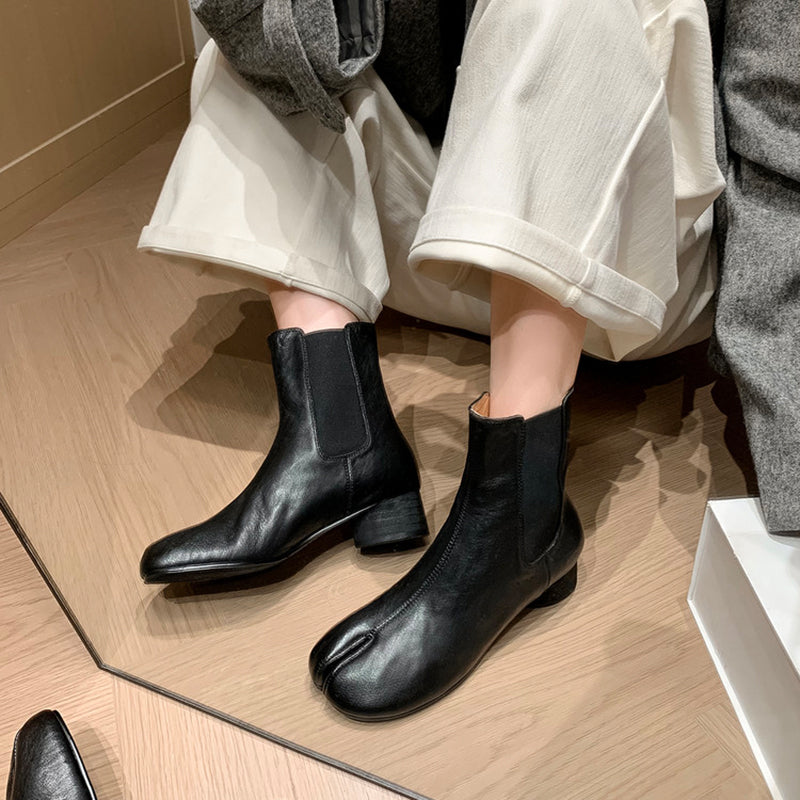 Tabi Split Toe Chelsea Ankle Boots Cowhide Cylinder Heel Elastic Side Short Boots in Black/Brown/Red