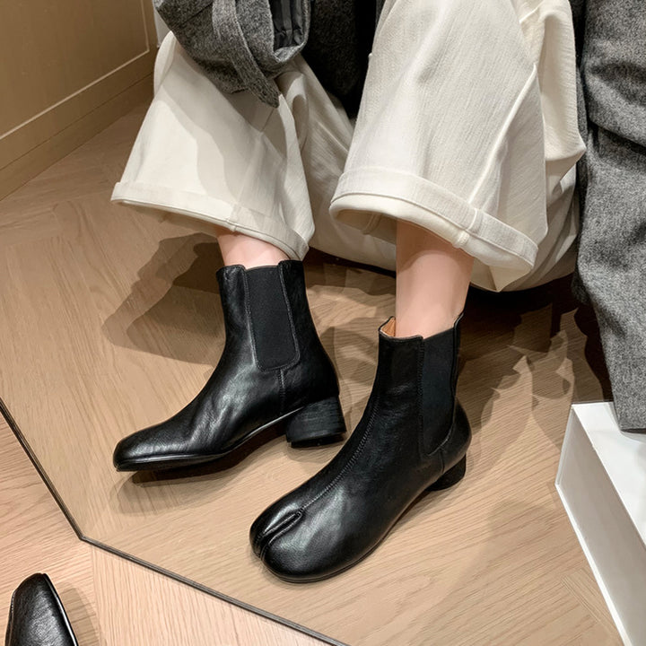 Tabi Split Toe Chelsea Ankle Boots Cowhide Cylinder Heel Elastic Side Short Boots in Black/Brown/Red