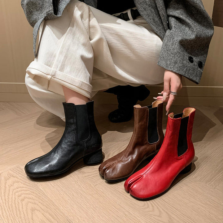 Tabi Split Toe Chelsea Ankle Boots Cowhide Cylinder Heel Elastic Side Short Boots in Black/Brown/Red