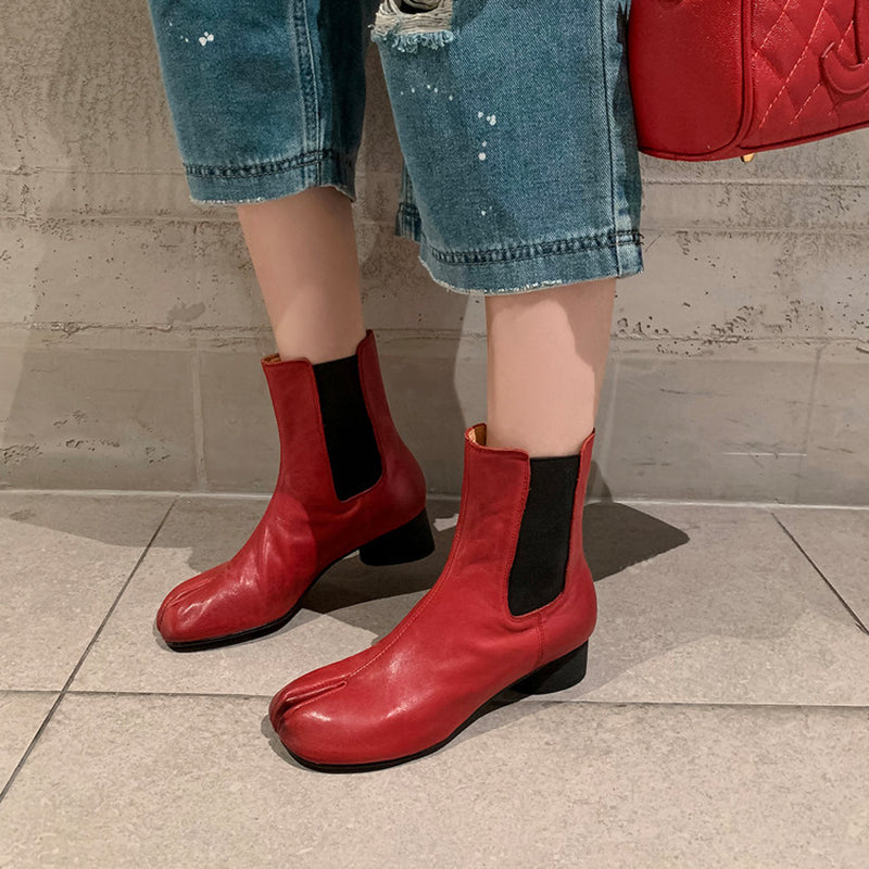 Tabi Split Toe Chelsea Ankle Boots Cowhide Cylinder Heel Elastic Side Short Boots in Black/Brown/Red