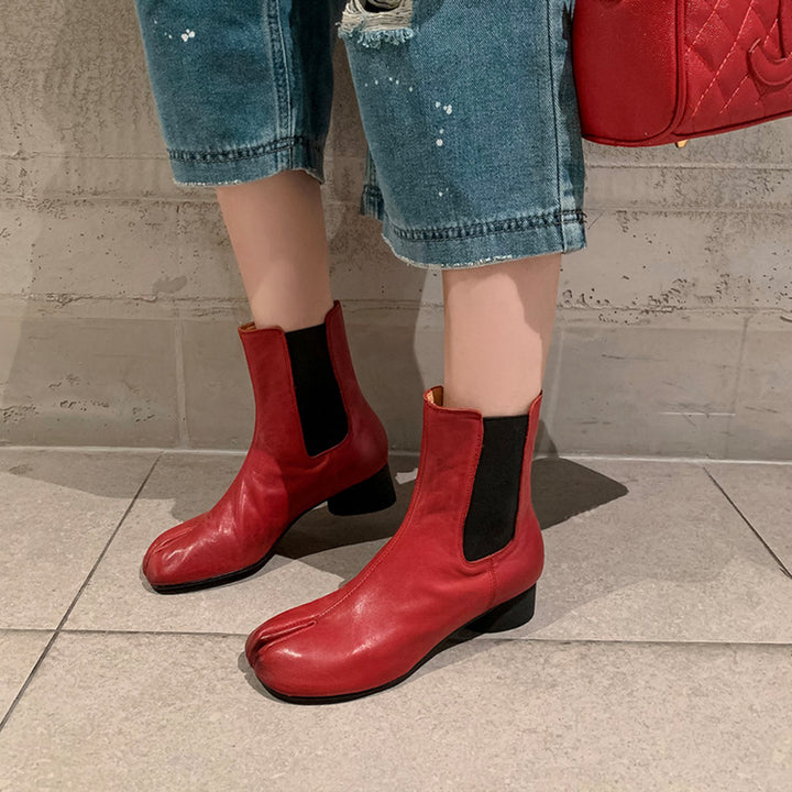 Tabi Split Toe Chelsea Ankle Boots Cowhide Cylinder Heel Elastic Side Short Boots in Black/Brown/Red