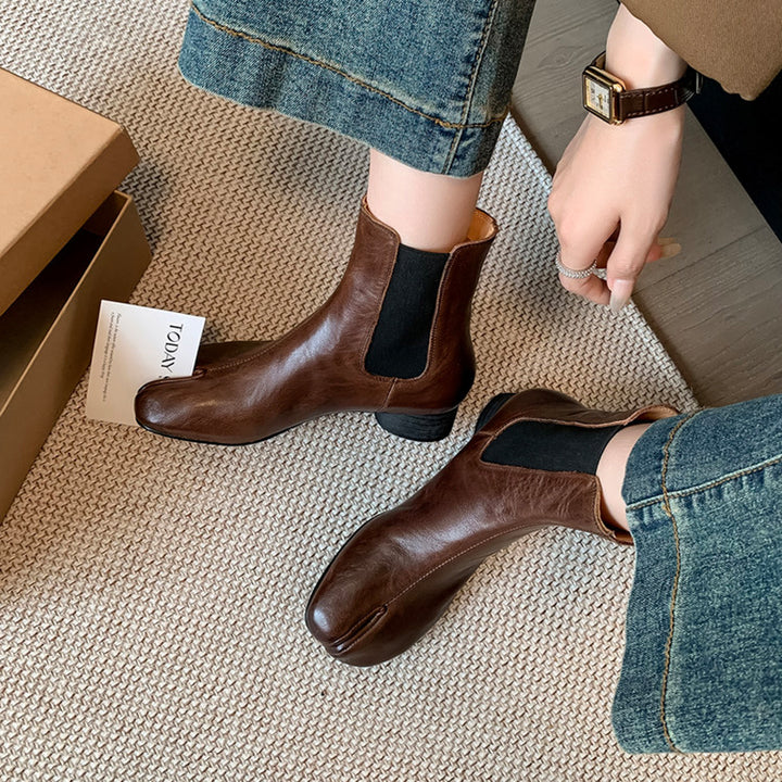 Tabi Split Toe Chelsea Ankle Boots Cowhide Cylinder Heel Elastic Side Short Boots in Black/Brown/Red