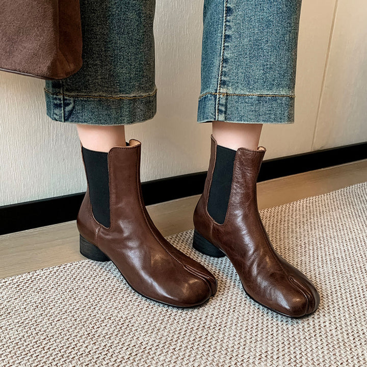 Tabi Split Toe Chelsea Ankle Boots Cowhide Cylinder Heel Elastic Side Short Boots in Black/Brown/Red