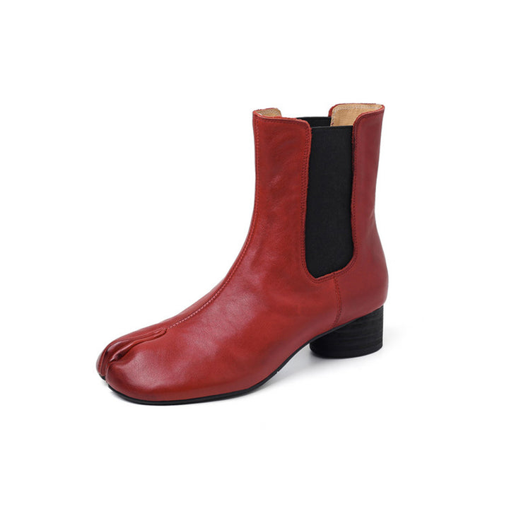 Tabi Split Toe Chelsea Ankle Boots Cowhide Cylinder Heel Elastic Side Short Boots in Black/Brown/Red