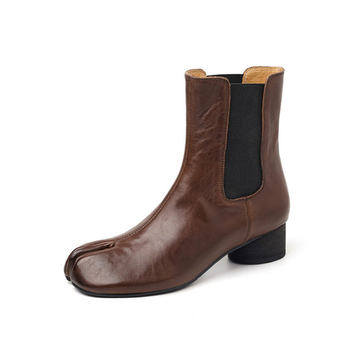 Tabi Split Toe Chelsea Ankle Boots Cowhide Cylinder Heel Elastic Side Short Boots in Black/Brown/Red