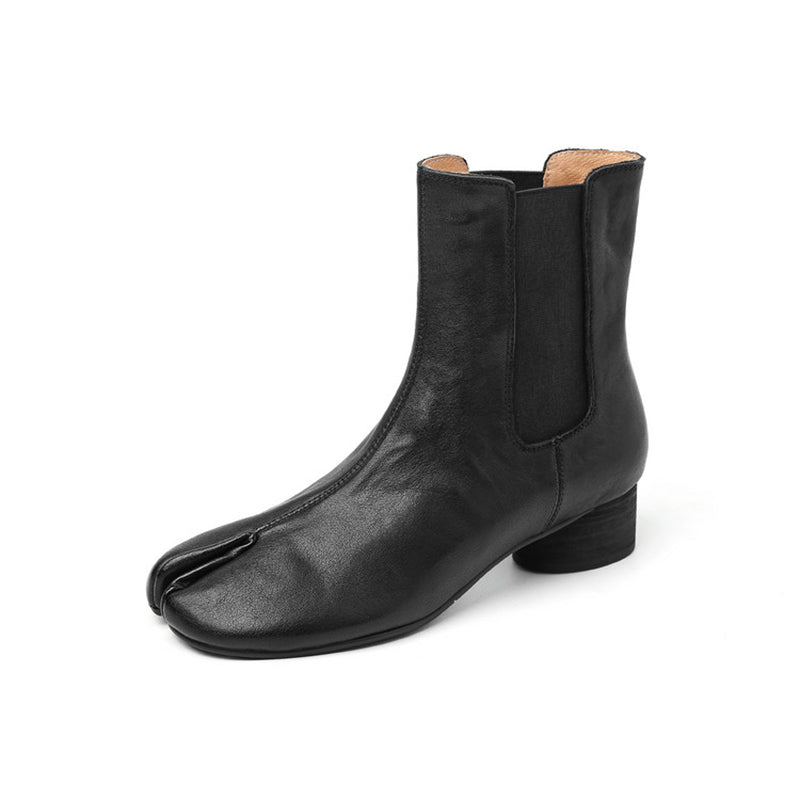 Tabi Split Toe Chelsea Ankle Boots Cowhide Cylinder Heel Elastic Side Short Boots in Black/Brown/Red