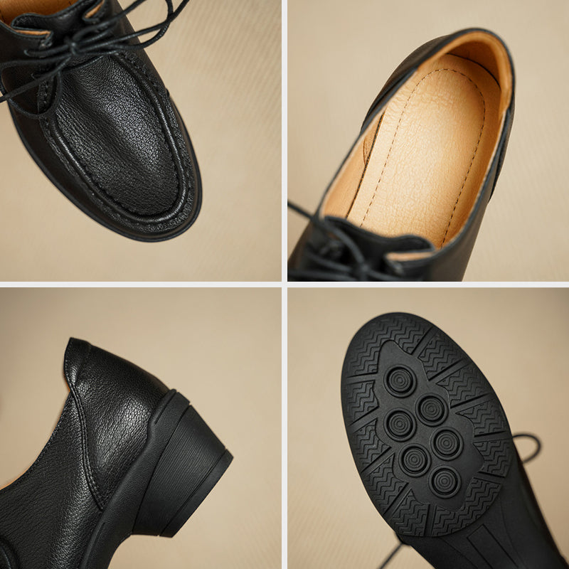 Vintage Soft Leather Lace-Up Oxford Shoes Cylinder Heel Casual Dress Shoes in Gray/Black
