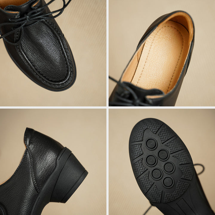 Vintage Soft Leather Lace-Up Oxford Shoes Cylinder Heel Casual Dress Shoes in Gray/Black