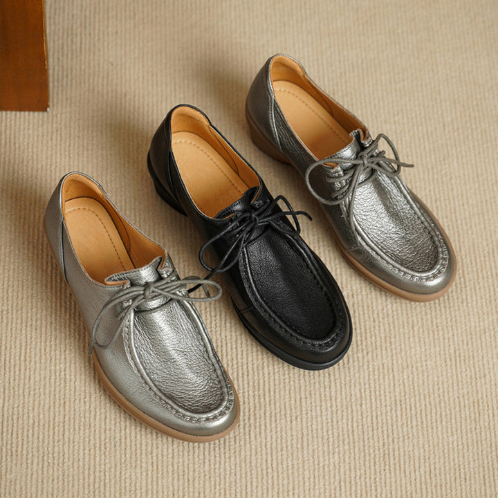 Vintage Soft Leather Lace-Up Oxford Shoes Cylinder Heel Casual Dress Shoes in Gray/Black