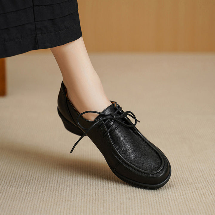 Vintage Soft Leather Lace-Up Oxford Shoes Cylinder Heel Casual Dress Shoes in Gray/Black