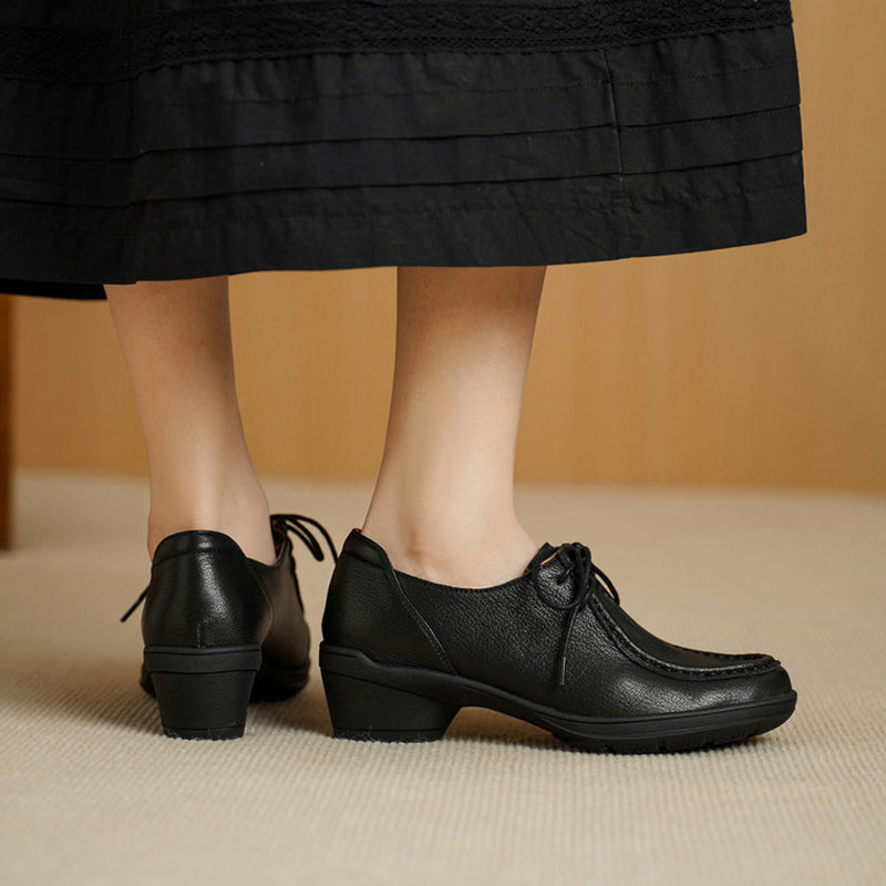 Vintage Soft Leather Lace-Up Oxford Shoes Cylinder Heel Casual Dress Shoes in Gray/Black