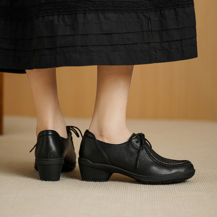Vintage Soft Leather Lace-Up Oxford Shoes Cylinder Heel Casual Dress Shoes in Gray/Black