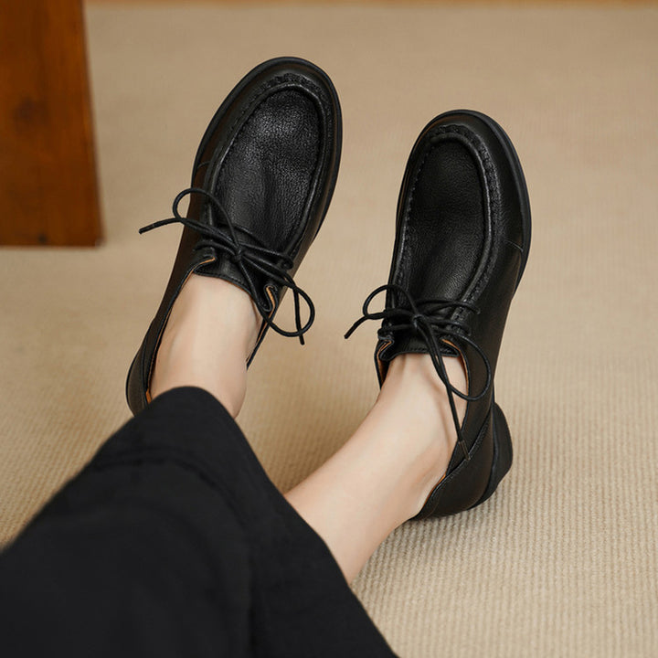 Vintage Soft Leather Lace-Up Oxford Shoes Cylinder Heel Casual Dress Shoes in Gray/Black