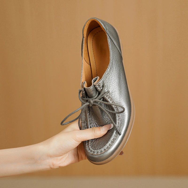 Vintage Soft Leather Lace-Up Oxford Shoes Cylinder Heel Casual Dress Shoes in Gray/Black