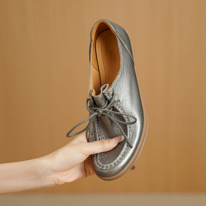 Vintage Soft Leather Lace-Up Oxford Shoes Cylinder Heel Casual Dress Shoes in Gray/Black