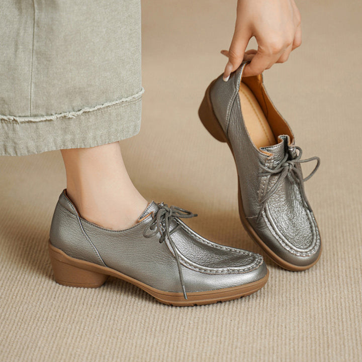 Vintage Soft Leather Lace-Up Oxford Shoes Cylinder Heel Casual Dress Shoes in Gray/Black