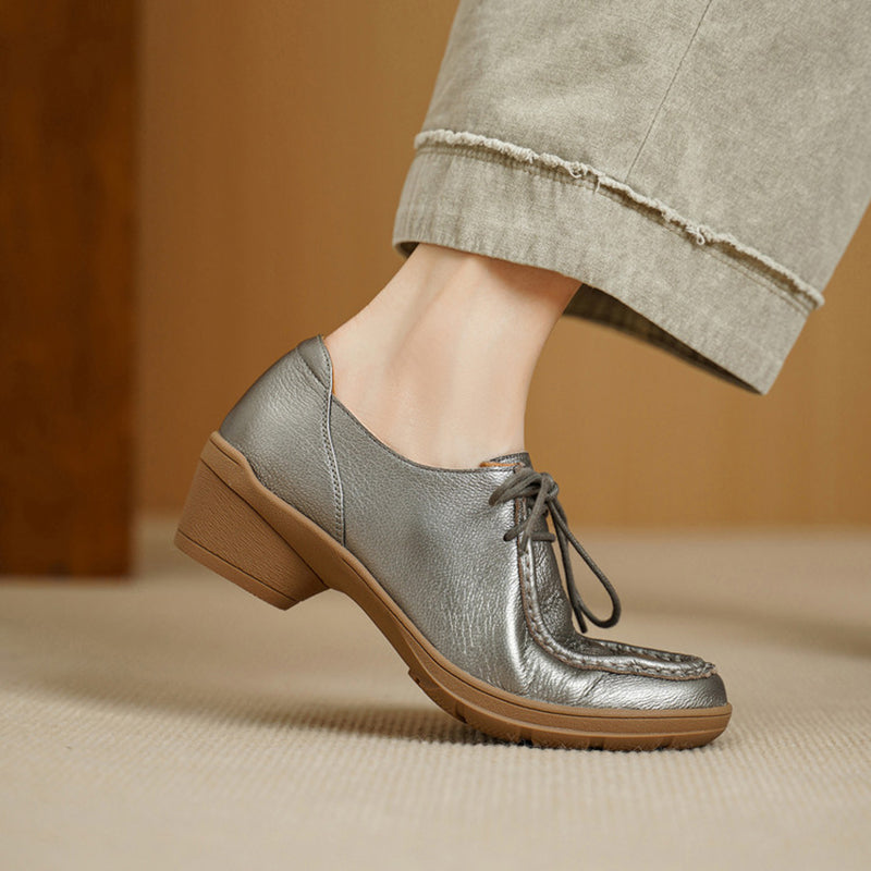 Vintage Soft Leather Lace-Up Oxford Shoes Cylinder Heel Casual Dress Shoes in Gray/Black