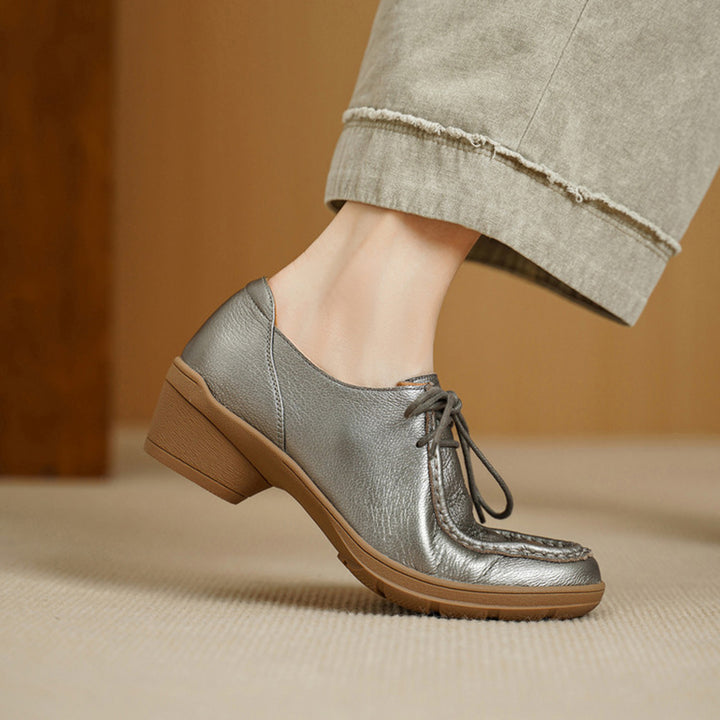 Vintage Soft Leather Lace-Up Oxford Shoes Cylinder Heel Casual Dress Shoes in Gray/Black