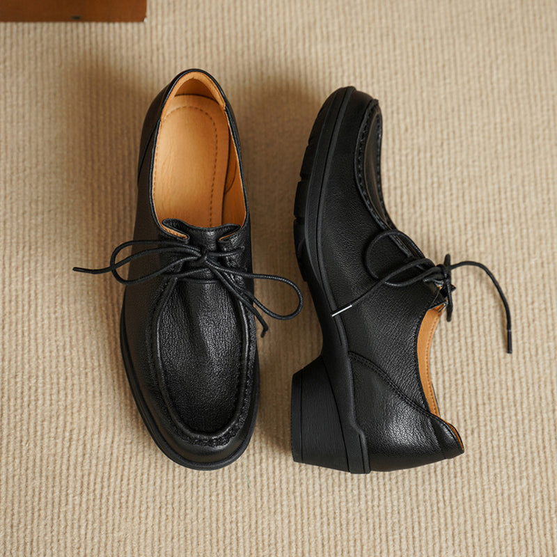 Vintage Soft Leather Lace-Up Oxford Shoes Cylinder Heel Casual Dress Shoes in Gray/Black