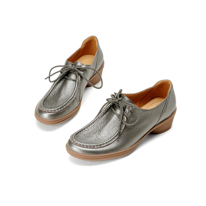 Vintage Soft Leather Lace-Up Oxford Shoes Cylinder Heel Casual Dress Shoes in Gray/Black