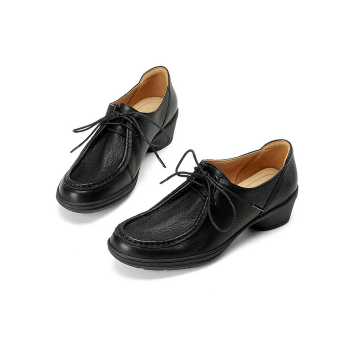 Vintage Soft Leather Lace-Up Oxford Shoes Cylinder Heel Casual Dress Shoes in Gray/Black