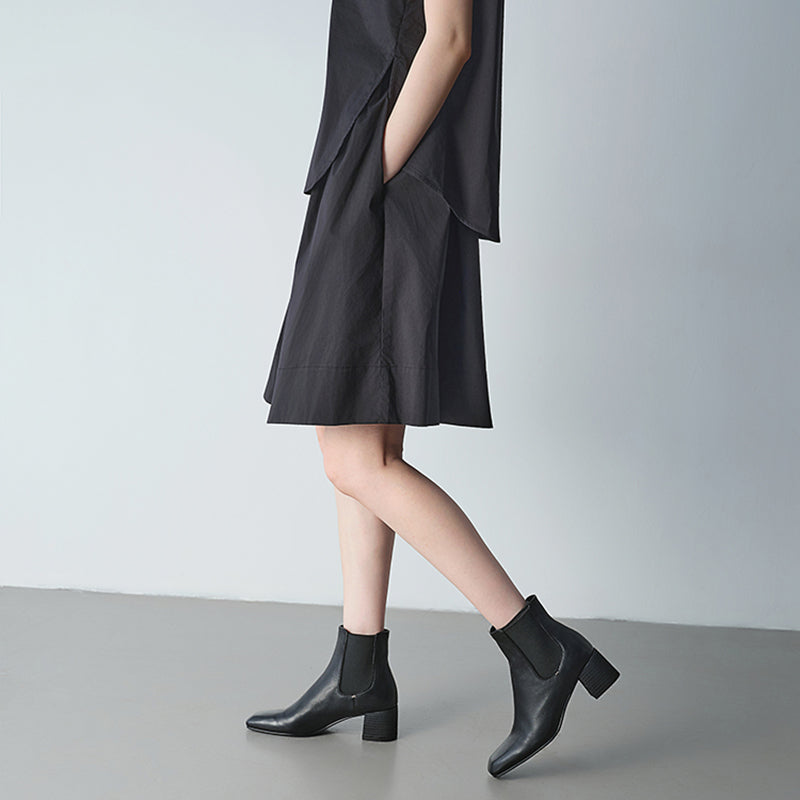 Square Toe Chelsea Ankle Boots 55mm Block Heel Handmade Leather Short Boots in Black