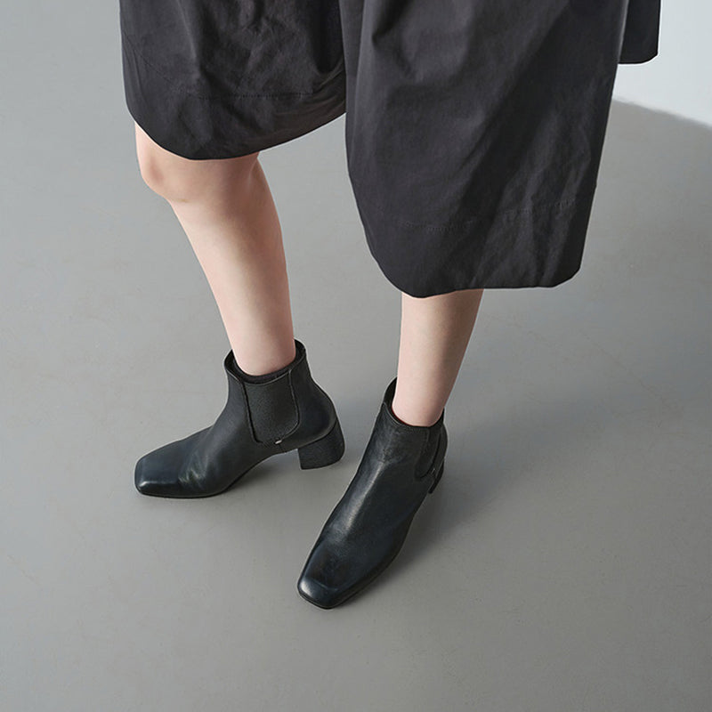Square Toe Chelsea Ankle Boots 55mm Block Heel Handmade Leather Short Boots in Black