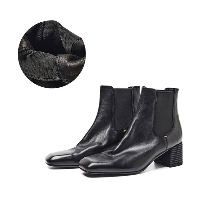 Square Toe Chelsea Ankle Boots 55mm Block Heel Handmade Leather Short Boots in Black