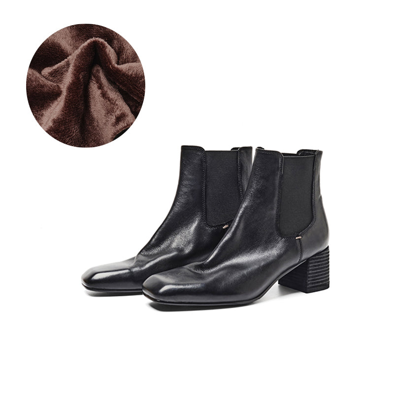 Square Toe Chelsea Ankle Boots 55mm Block Heel Handmade Leather Short Boots in Black