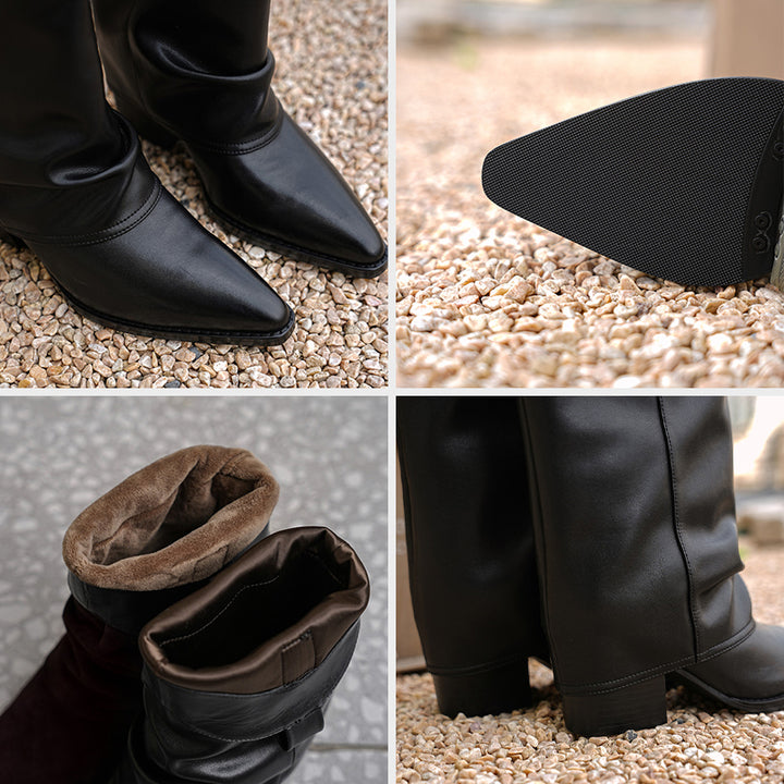 Pointed Toe Slouch Mid-Calf Western Boots 65mm Block Heel Leather Cowboy Boots in Black/Brown