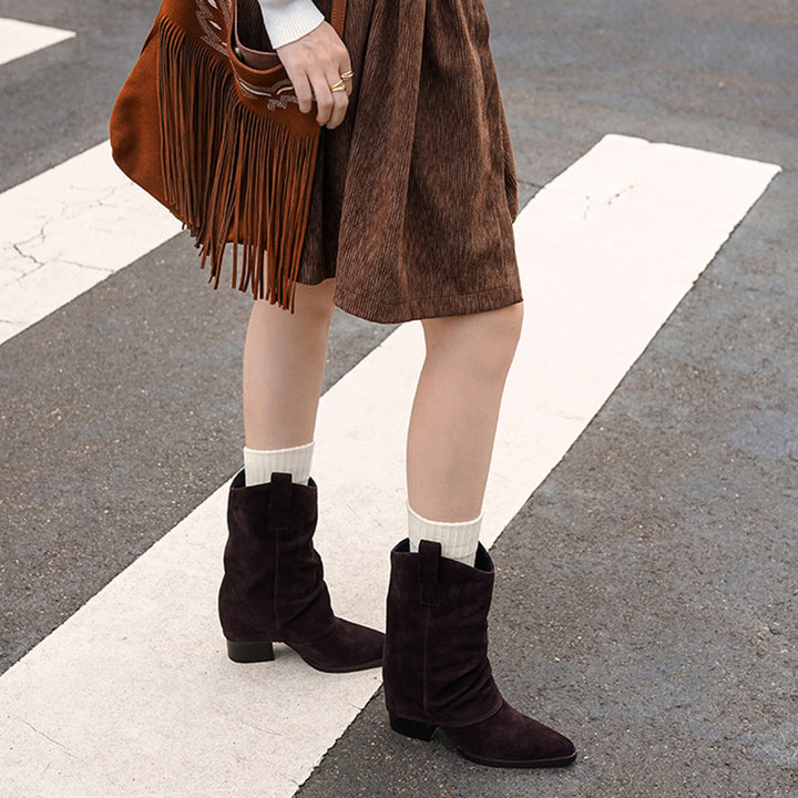 Pointed Toe Slouch Mid-Calf Western Boots 65mm Block Heel Leather Cowboy Boots in Black/Brown