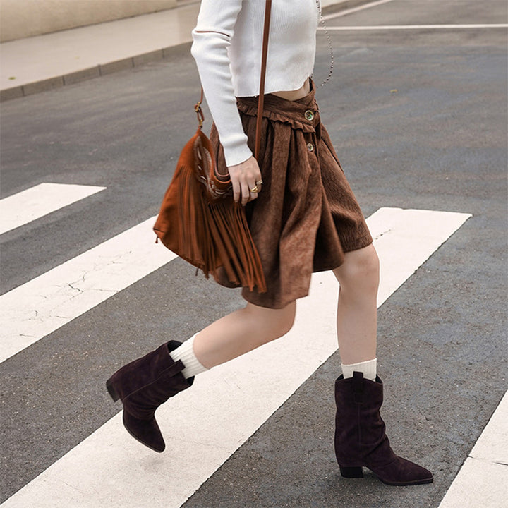 Pointed Toe Slouch Mid-Calf Western Boots 65mm Block Heel Leather Cowboy Boots in Black/Brown