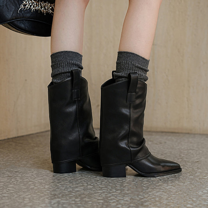 Pointed Toe Slouch Mid-Calf Western Boots 65mm Block Heel Leather Cowboy Boots in Black/Brown