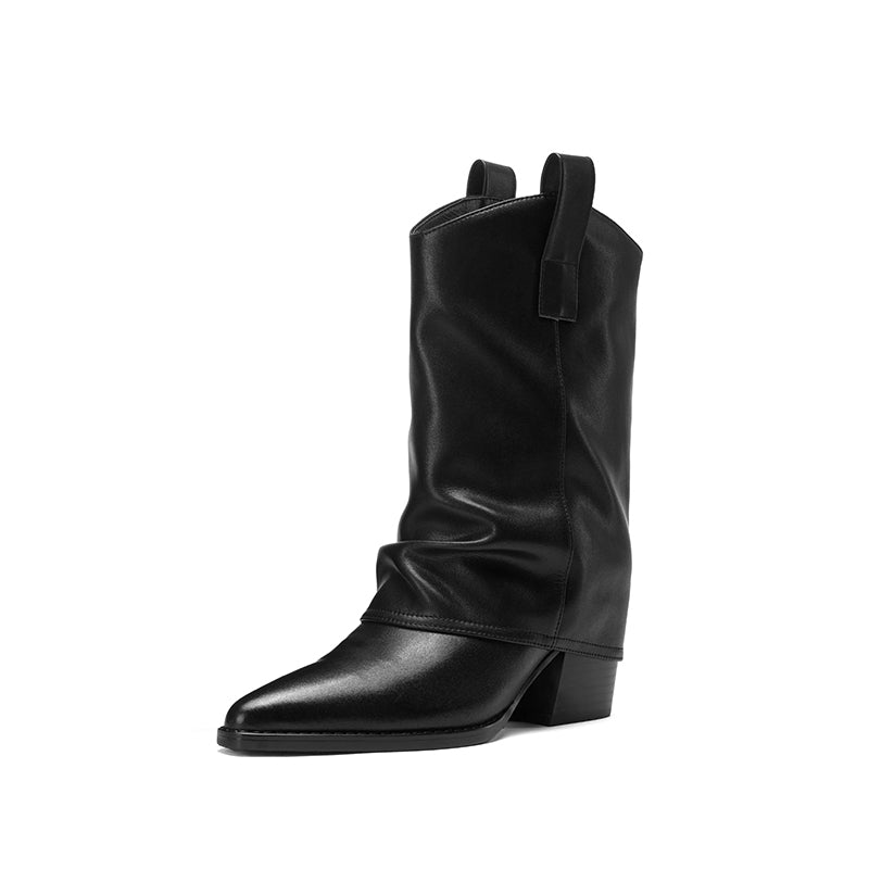 Pointed Toe Slouch Mid-Calf Western Boots 65mm Block Heel Leather Cowboy Boots in Black/Brown